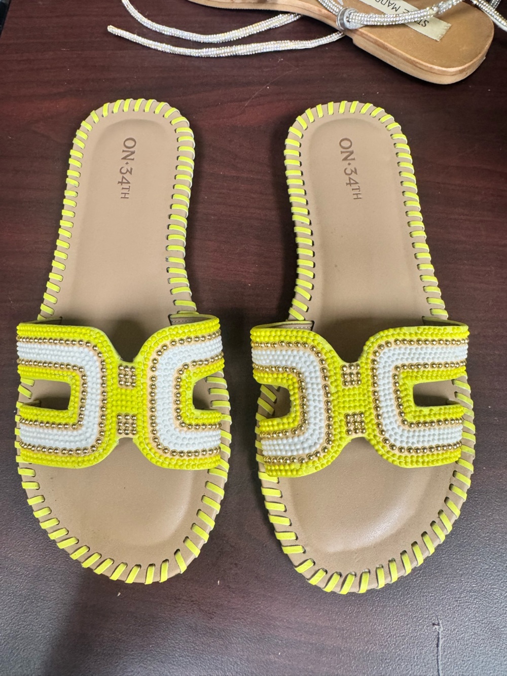 On 34th Neon Yellow & White Beaded Slide Sandals
